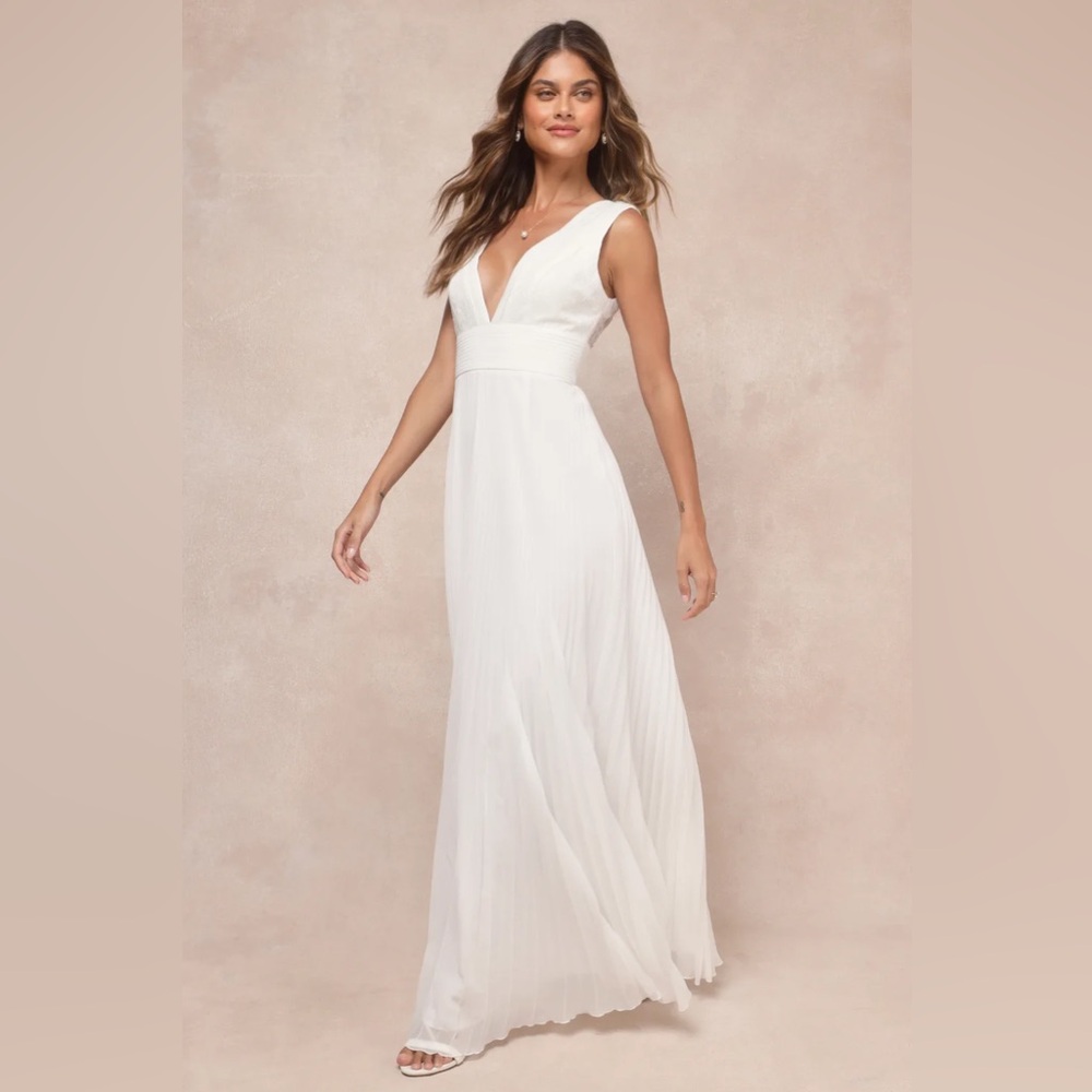Lulus Gorgeous Forever Ivory Chiffon Lace Pleated Backless Maxi Dress - Picture 3 of 8